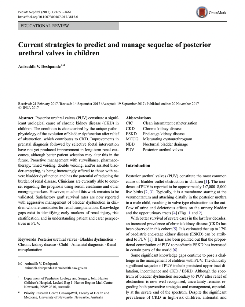 Publication: Current Strategies to Predict and Manage Sequelae of Posterior Urethral Valves in Children